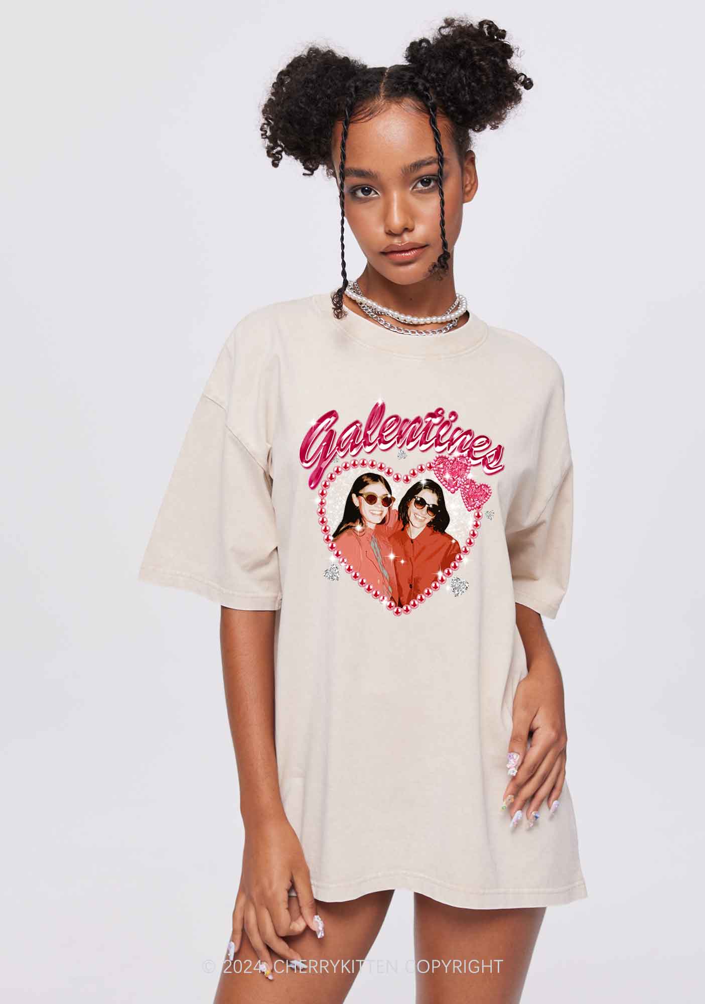 Custom Galentines Photo Y2K Valentine's Day Washed Tee Cherrykitten