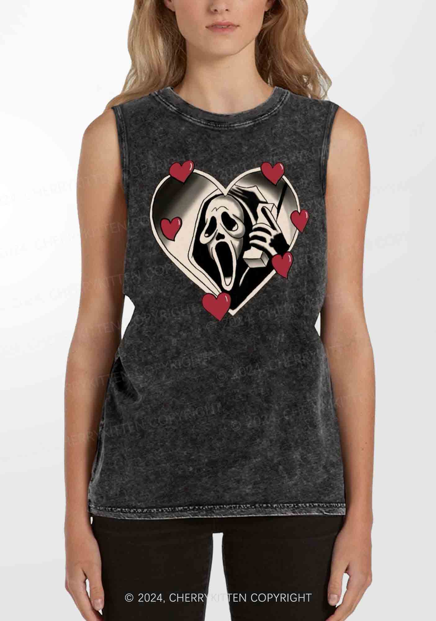 Halloween Heart Skull Face Y2K Washed Tank Cherrykitten