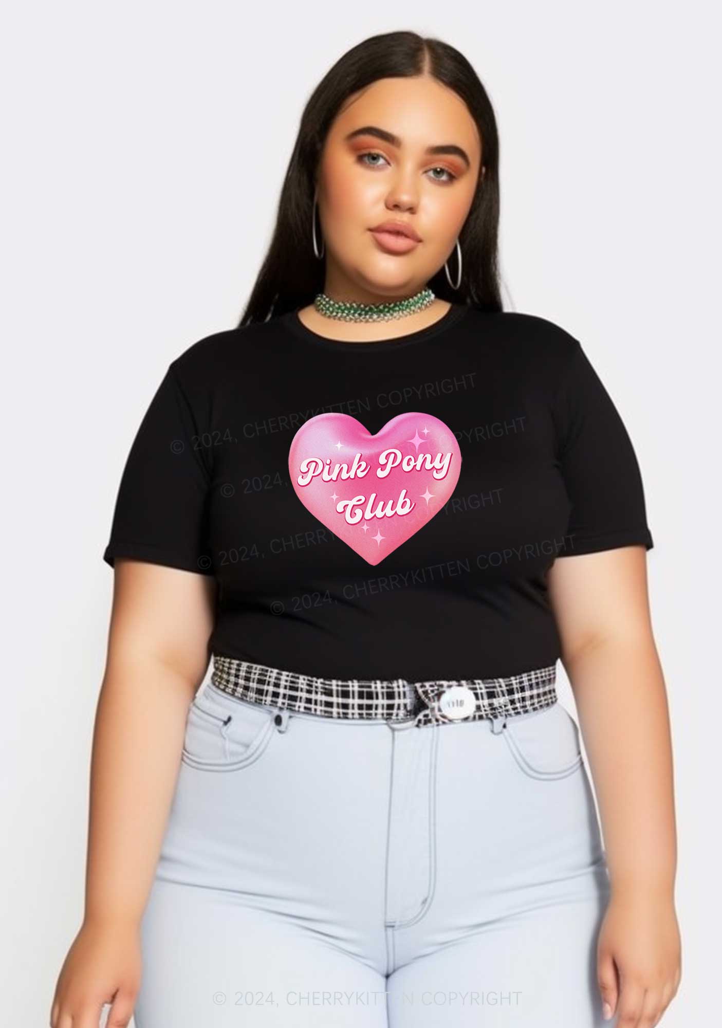 Curvy Pink Heart Pony Club Y2K Baby Tee Cherrykitten