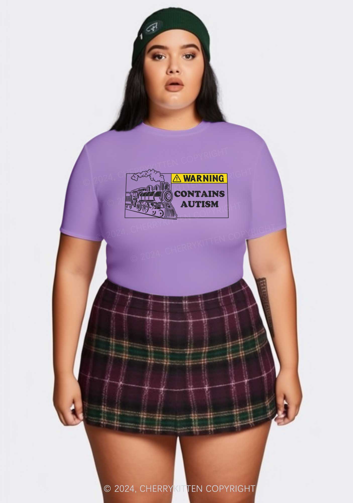 Curvy Warning Contains Autism Y2K Baby Tee Cherrykitten