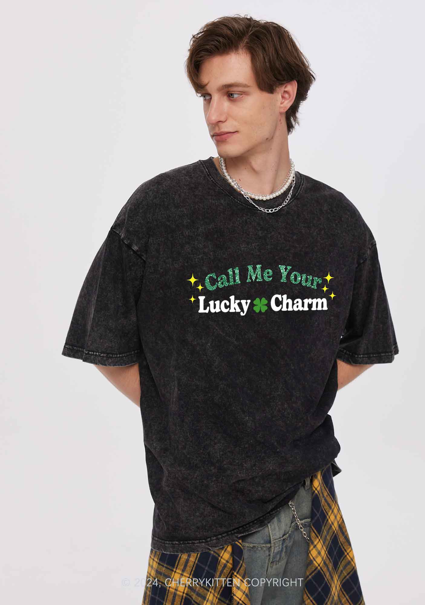 Call Me Your Lucky Charm St Patricks Y2K Washed Tee Cherrykitten