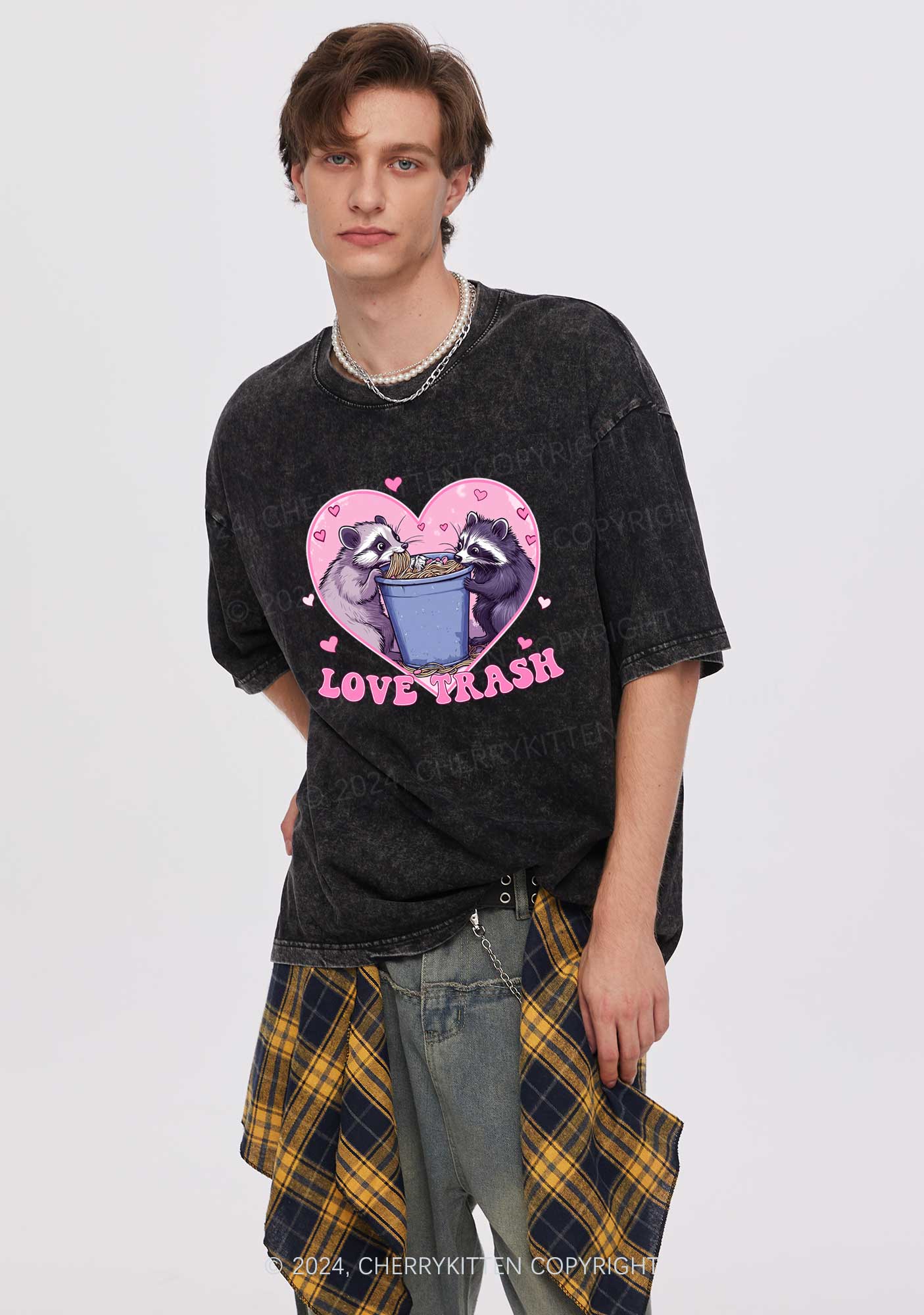 Love Trash Raccoon Y2K Valentine's Day Washed Tee Cherrykitten