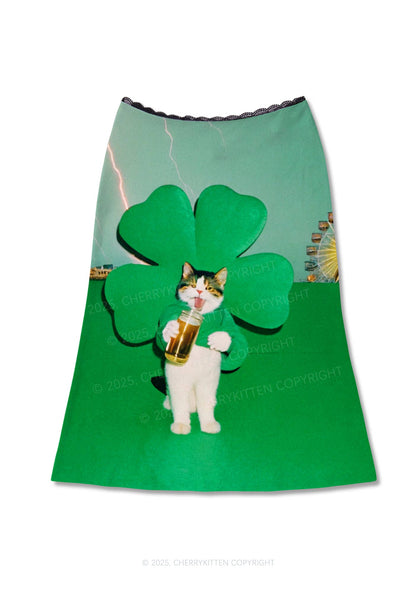 Lucky Cat St Patricks Y2K Print Midi Skirt Cherrykitten