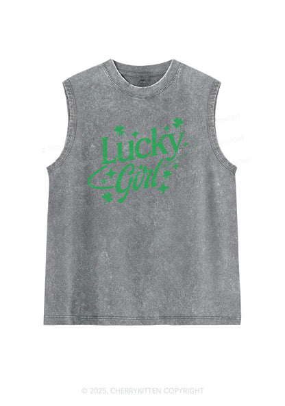 Lucky Girl Star Clover St Patricks Y2K Washed Tank Cherrykitten