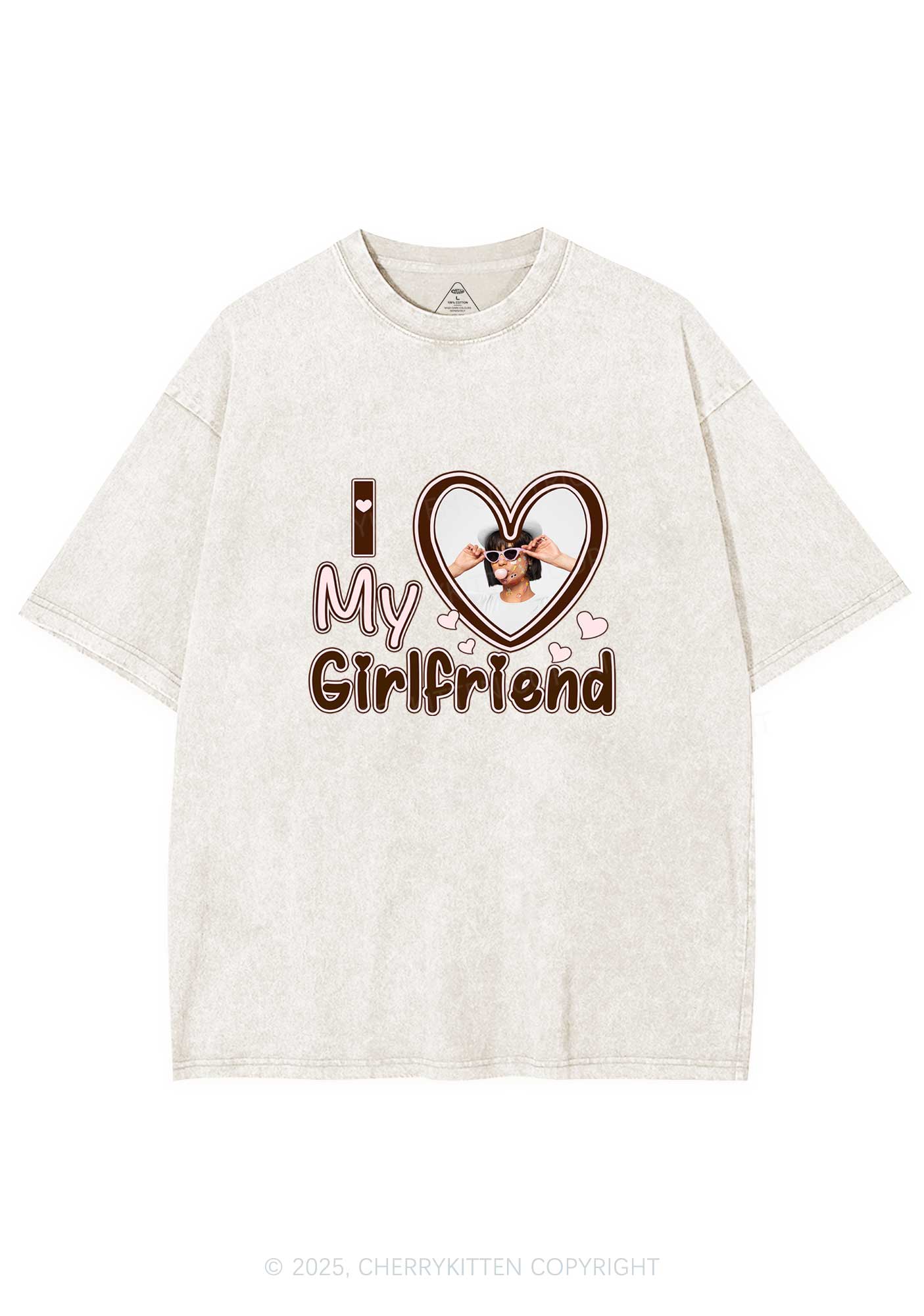 Custom Photo Brown Heart Y2K Valentine's Day Washed Tee Cherrykitten