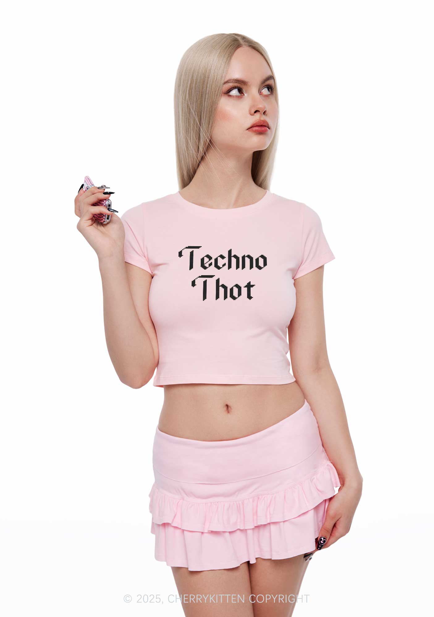 Techno Thot Y2K Baby Tee Cherrykitten