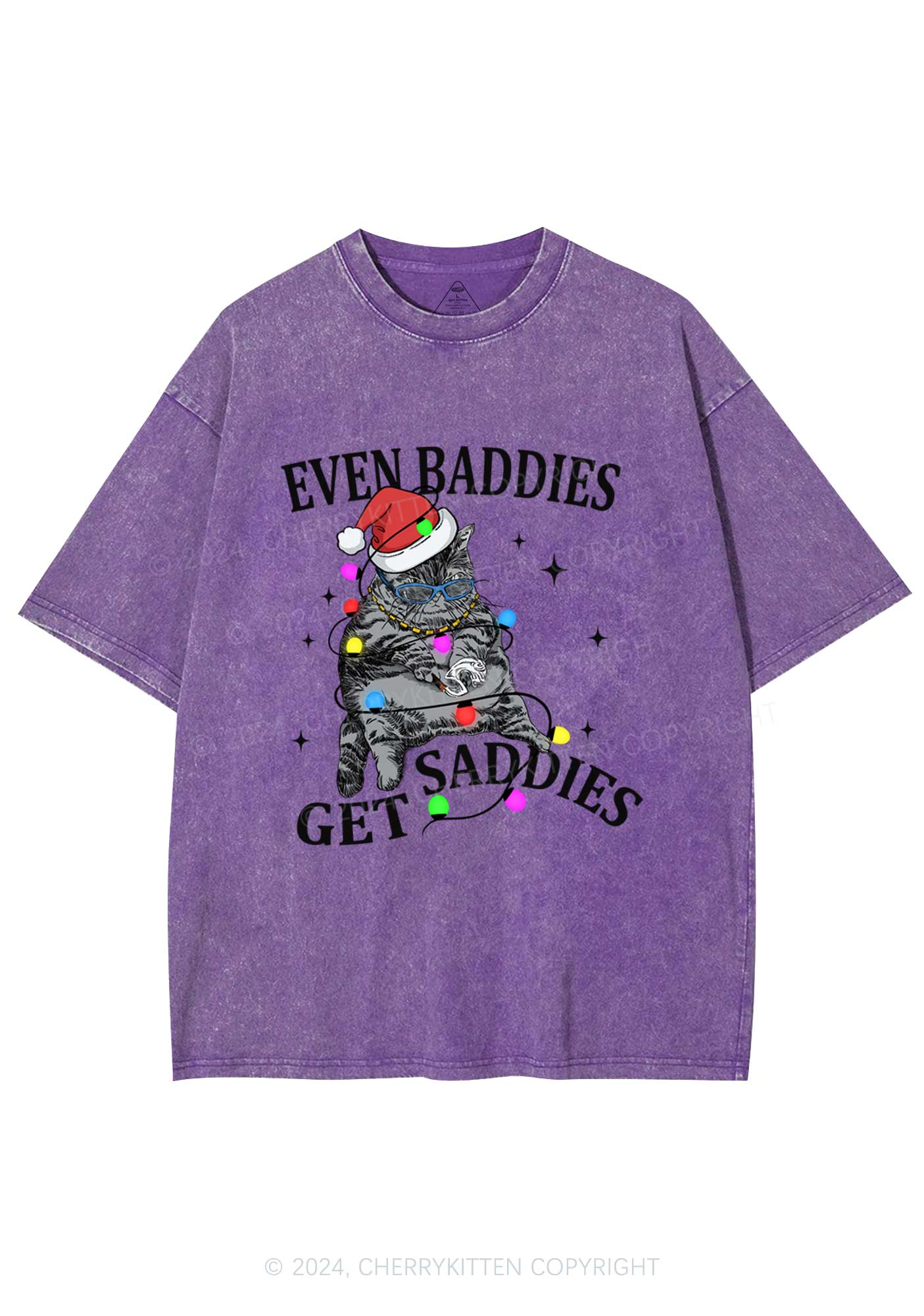 Christmas Baddie Cat Y2K Washed Tee Cherrykitten