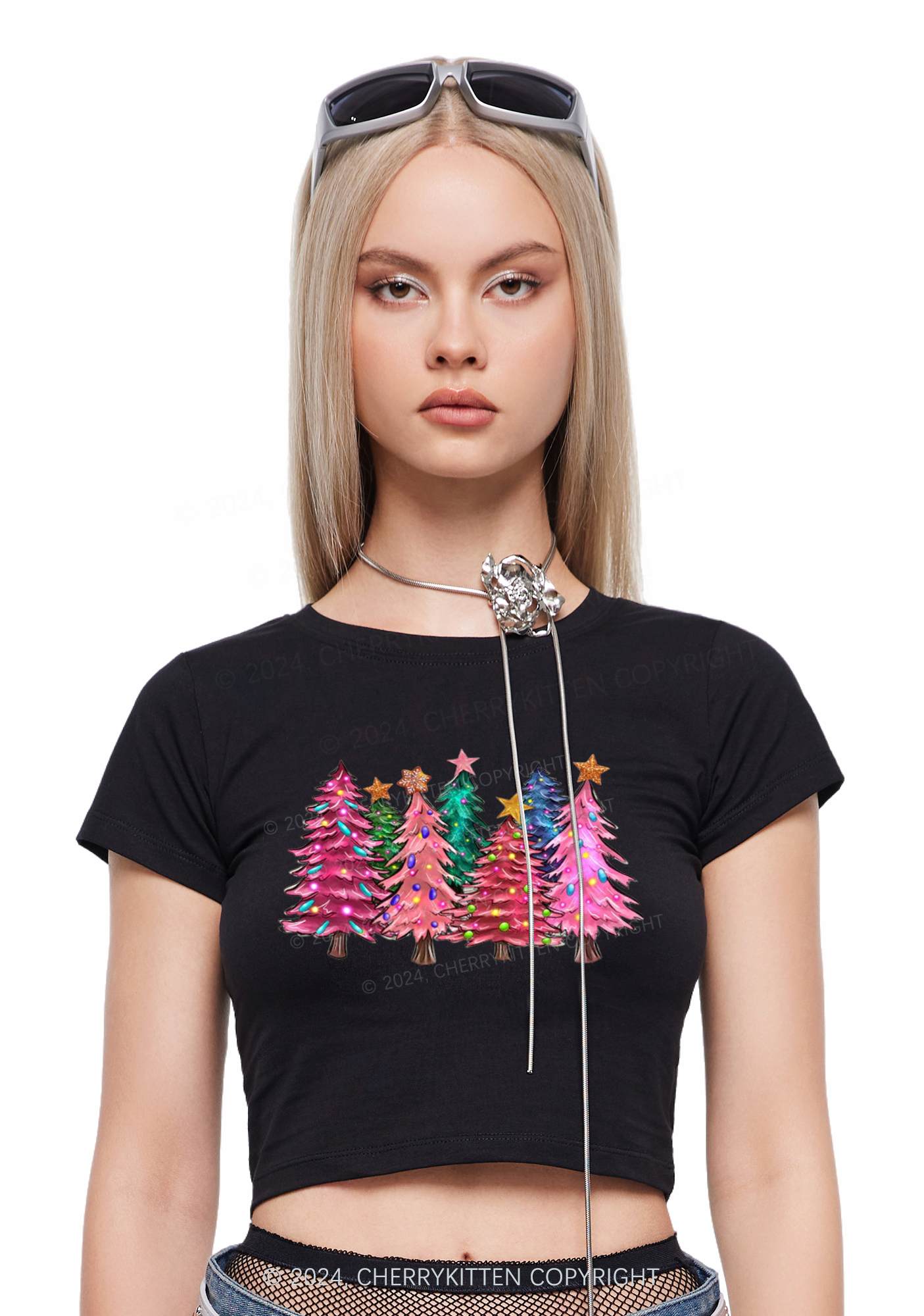 Christmas Pink Tree Y2K Baby Tee Cherrykitten