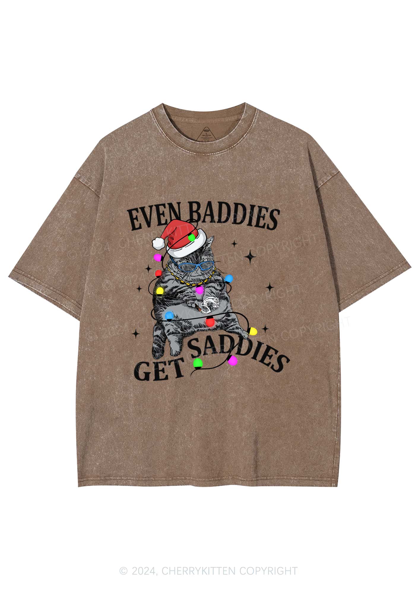 Christmas Baddie Cat Y2K Washed Tee Cherrykitten