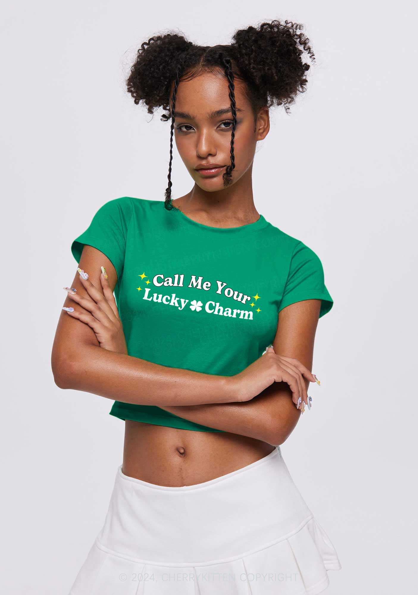 Call Me Your Lucky Charm St Patricks Y2K Baby Tee Cherrykitten