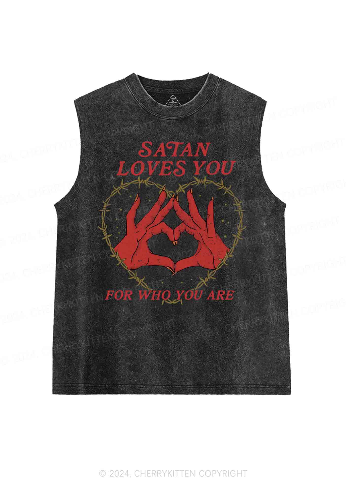 Satan Loves You Heart Halloween Y2K Washed Tank Cherrykitten