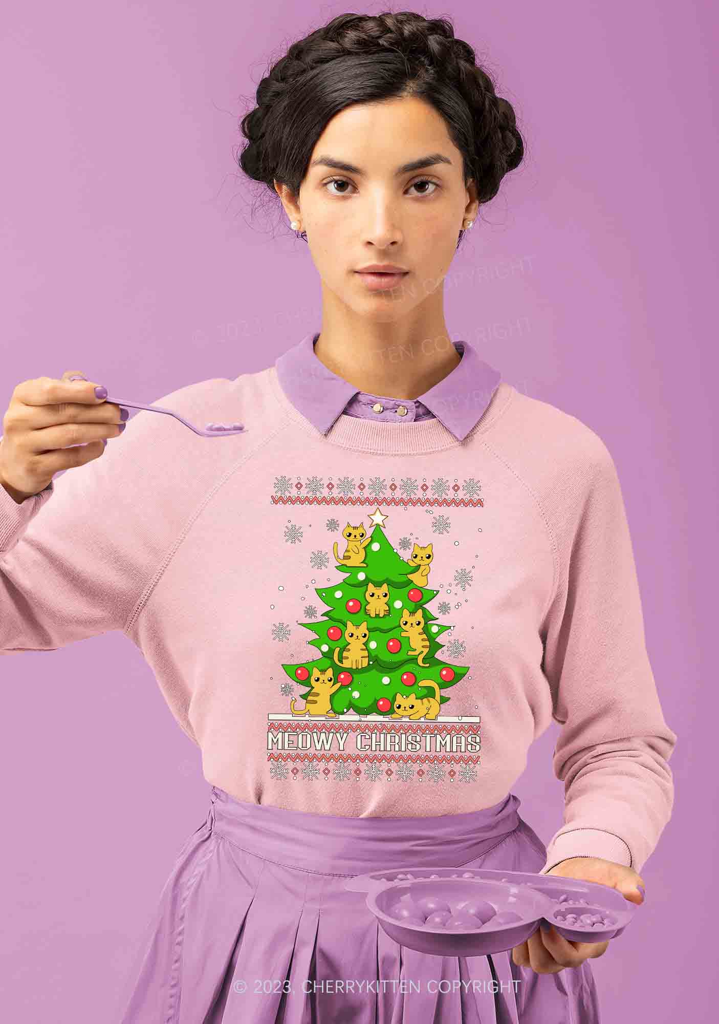 Snowflake Meowy Christmas Tree Y2K Sweatshirt Cherrykitten