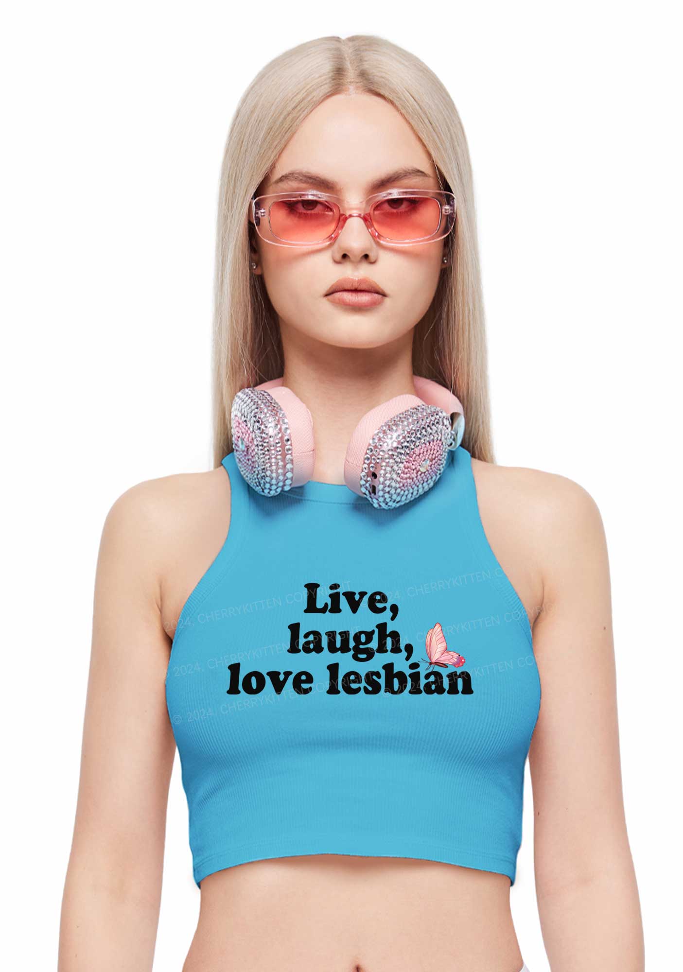 Live Laugh Love Lesbian Y2K Crop Tank Top Cherrykitten