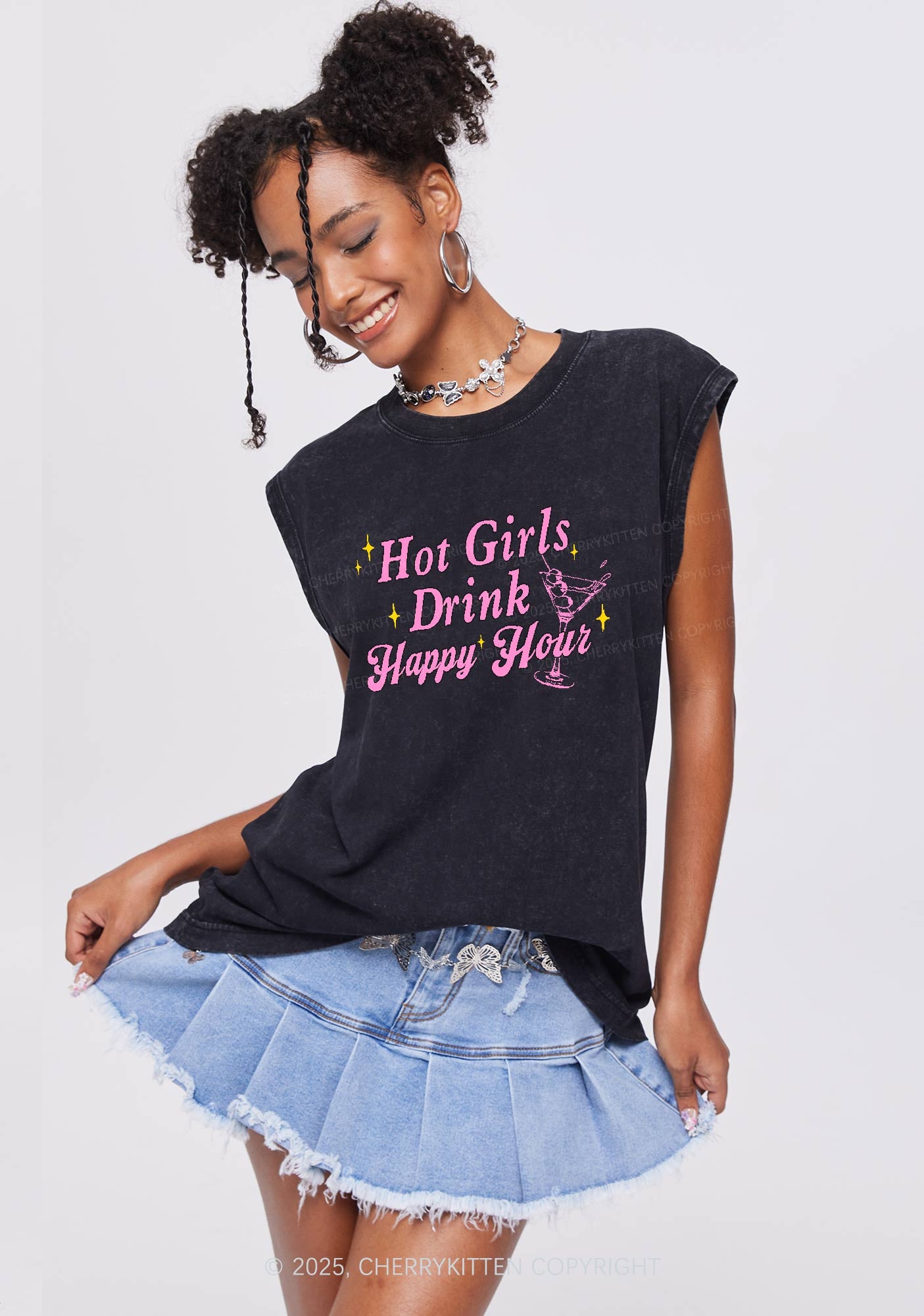 Hot Girls Drink Happy Hour Y2K Washed Tank Cherrykitten