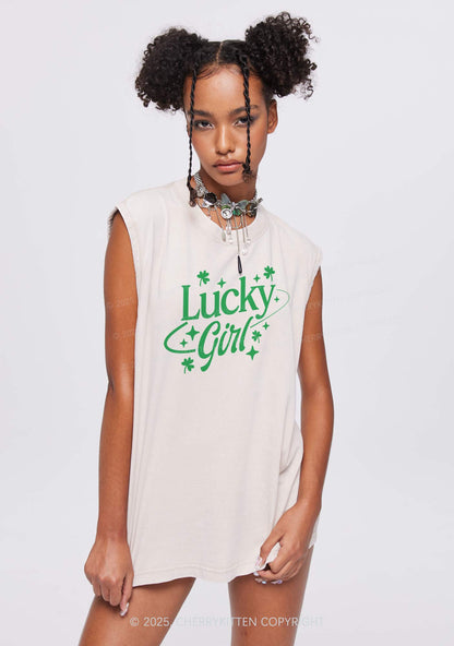 Lucky Girl Star Clover St Patricks Y2K Washed Tank Cherrykitten