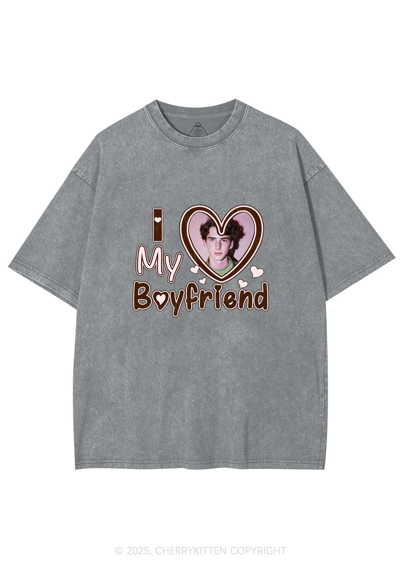 Custom Photo Brown Heart Y2K Valentine's Day Washed Tee Cherrykitten