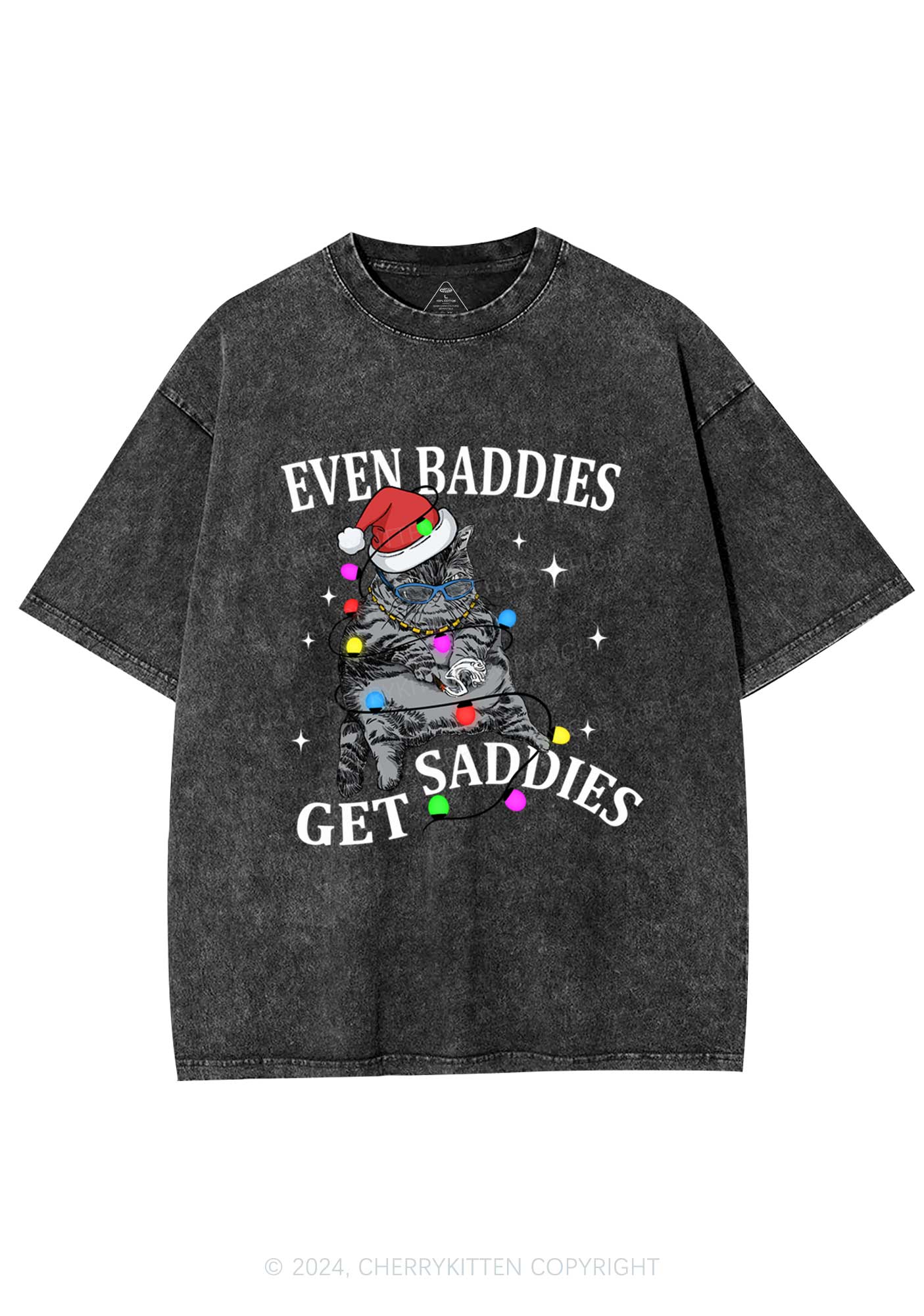 Christmas Baddie Cat Y2K Washed Tee Cherrykitten