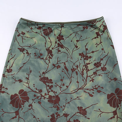 Chinese Style Literary Retro Print Straight Mid Length Skirt