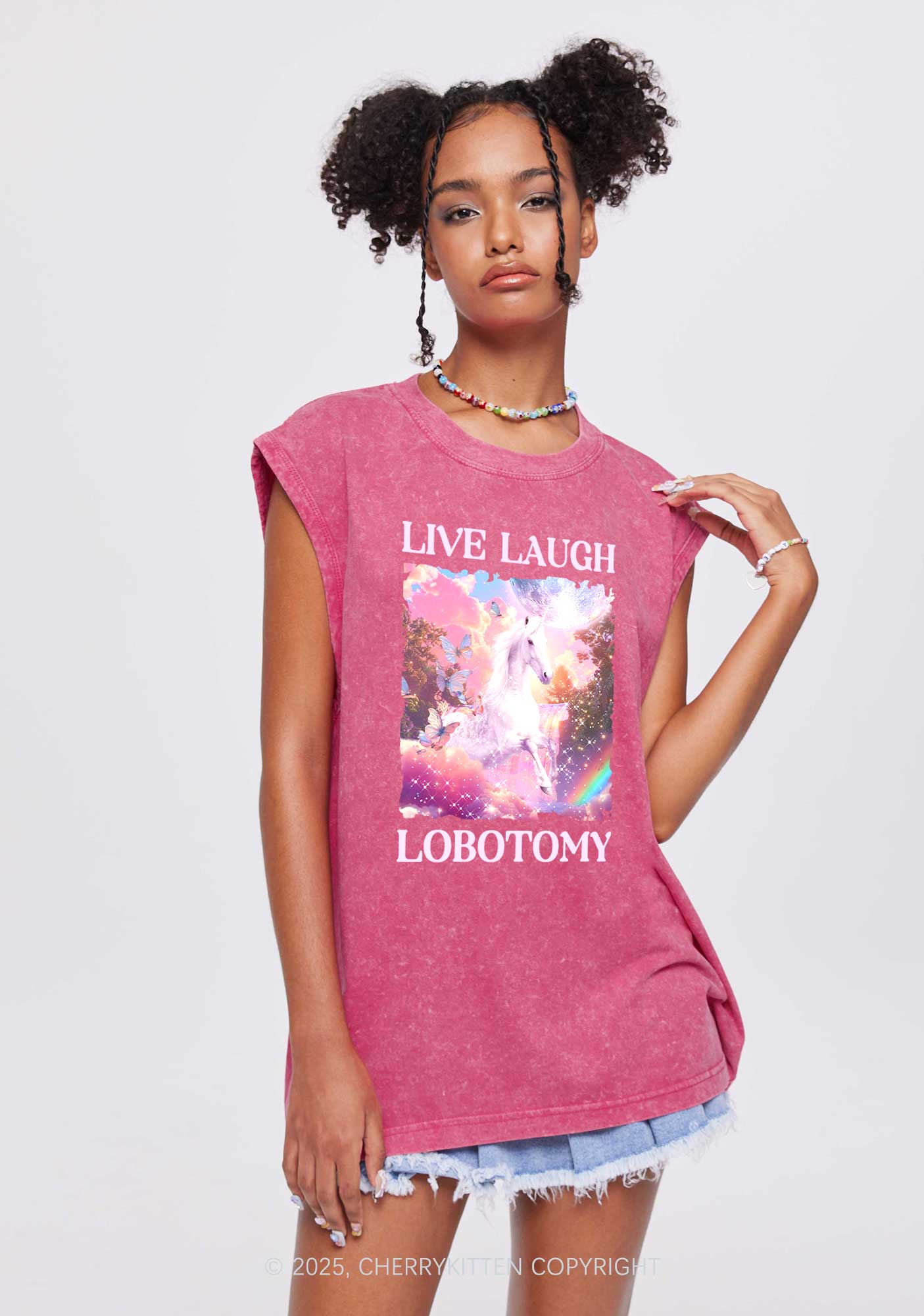 Live Laugh Lobotomy Unicorn Y2K Washed Tank Cherrykitten