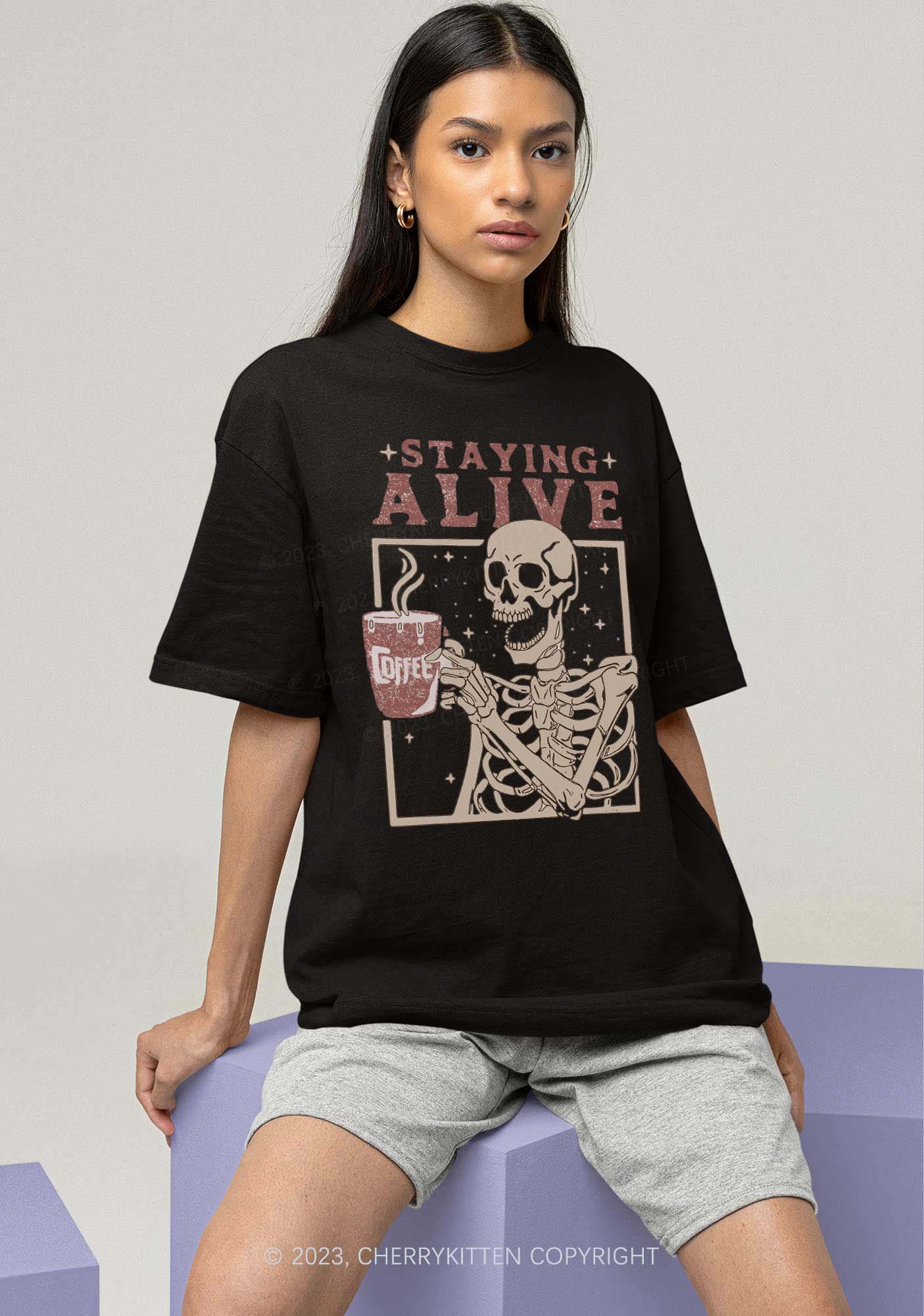 Staying Alive Skeleton Halloween Y2K Chunky Shirt Cherrykitten