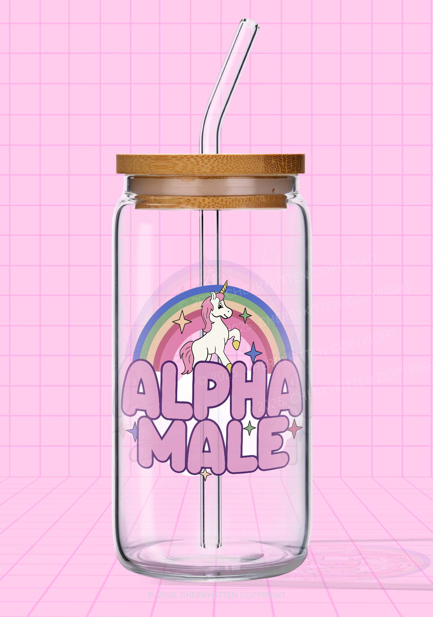 Rainbow Unicorn Alpha Male Y2K Printed Glass Cup Cherrykitten