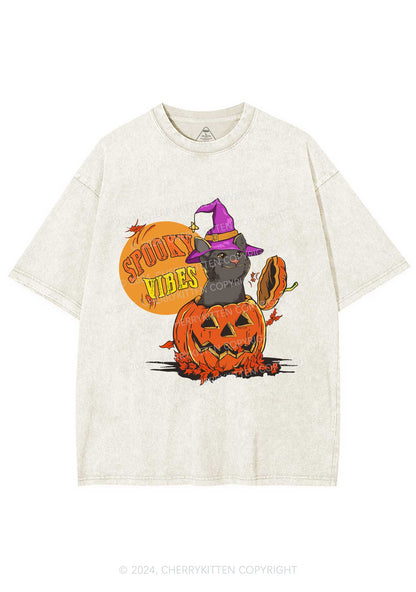 Halloween Spooky Vibes Cat Y2K Washed Tee Cherrykitten