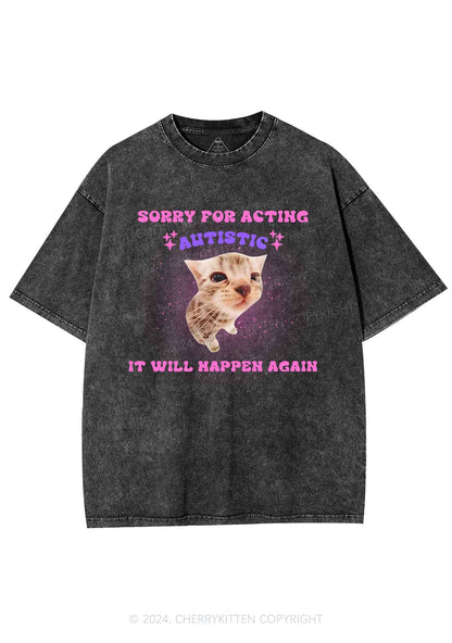 Sorry For Acting Autistic Cat Y2K Washed Tee Cherrykitten