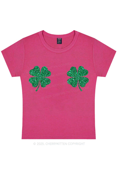 Glitter Four Leaf Clover St Patricks Y2K Baby Tee Cherrykitten