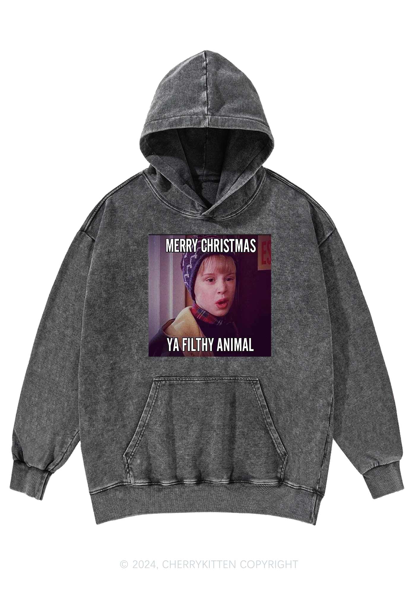 Merry Christmas Ya Filthy Animal Y2K Washed Hoodie Cherrykitten