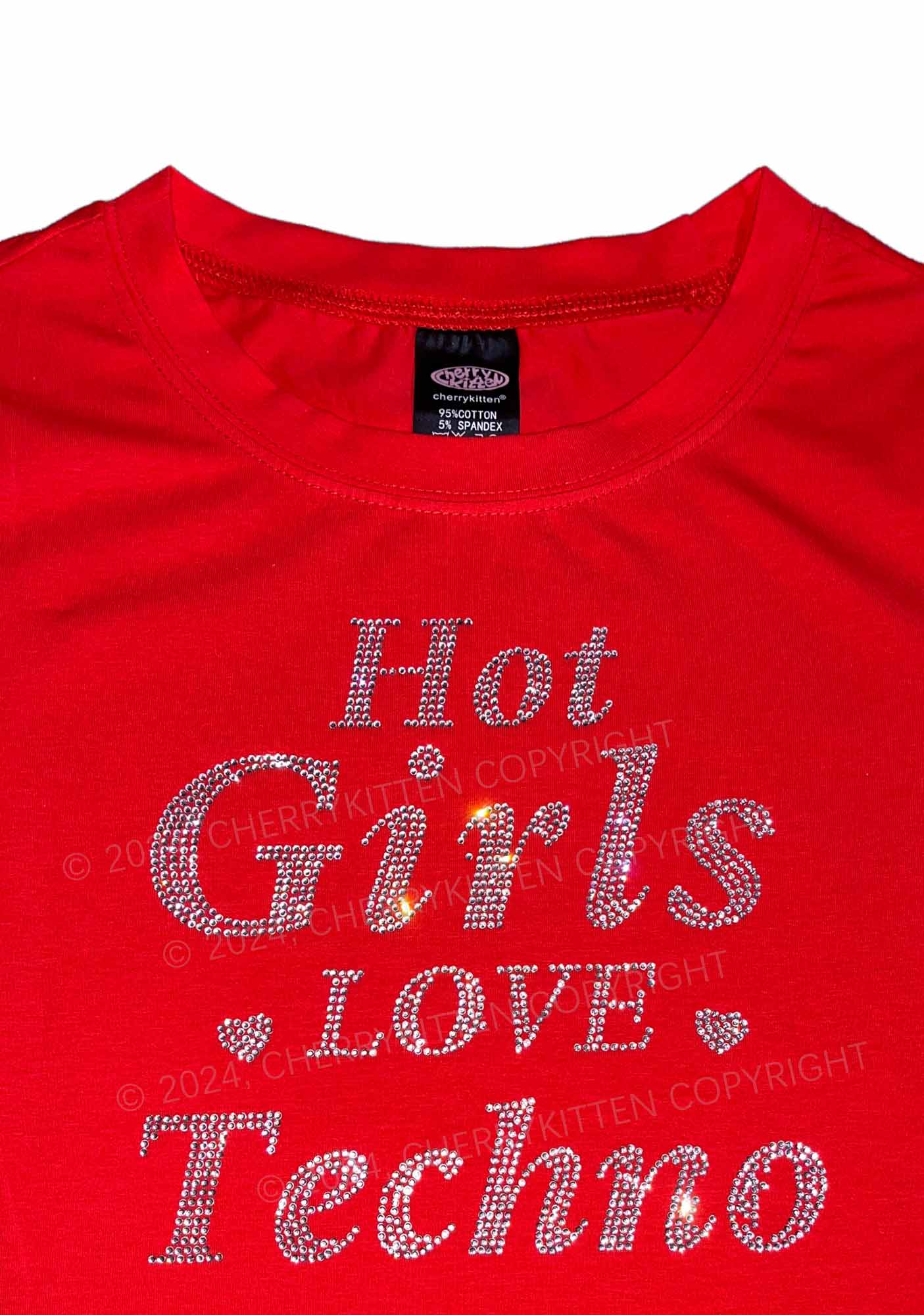 Rhinestone Hot Girls Love Techno Y2K Baby Tee Cherrykitten