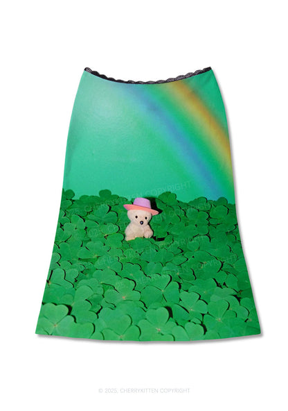 Clover Bear St Patricks Y2K Print Midi Skirt Cherrykitten