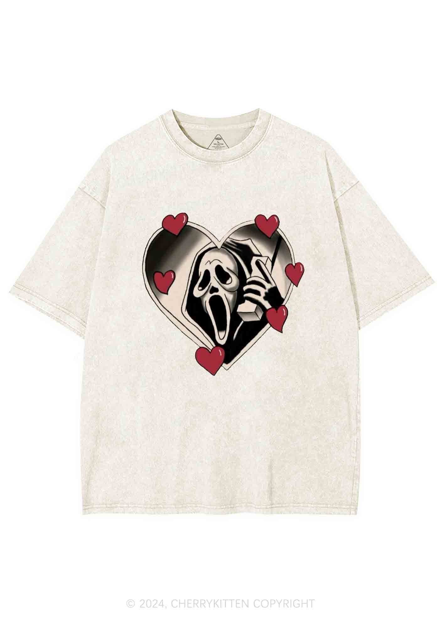 Halloween Heart Skull Face Y2K Washed Tee Cherrykitten