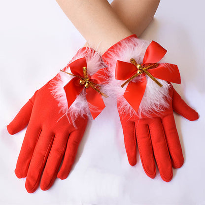 Cute Feather Bells Y2K Christmas Short Red Gloves