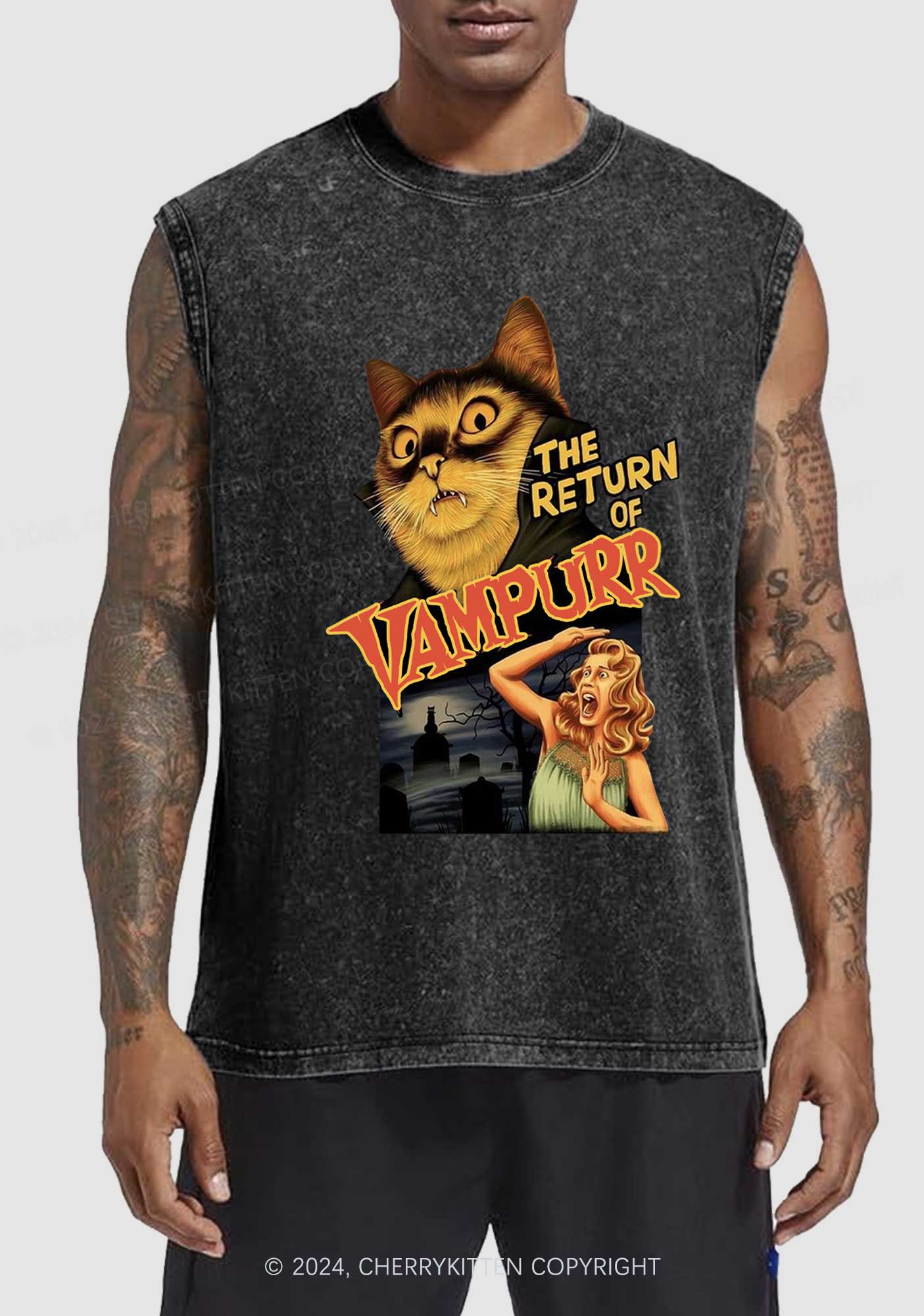 Halloween Vampurr Cat Y2K Washed Tank Cherrykitten