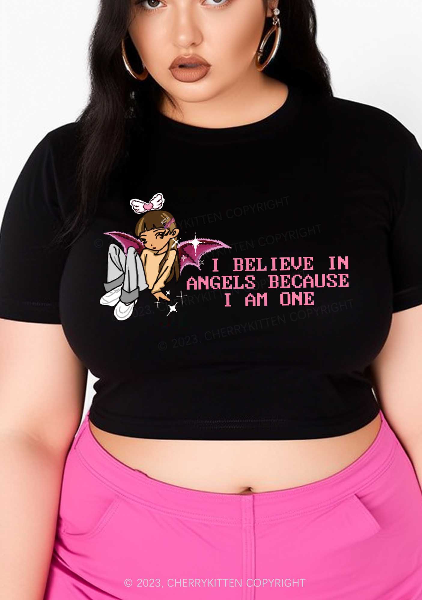 Curvy I Believe In Angels Because I Am One Y2K Baby Tee Cherrykitten