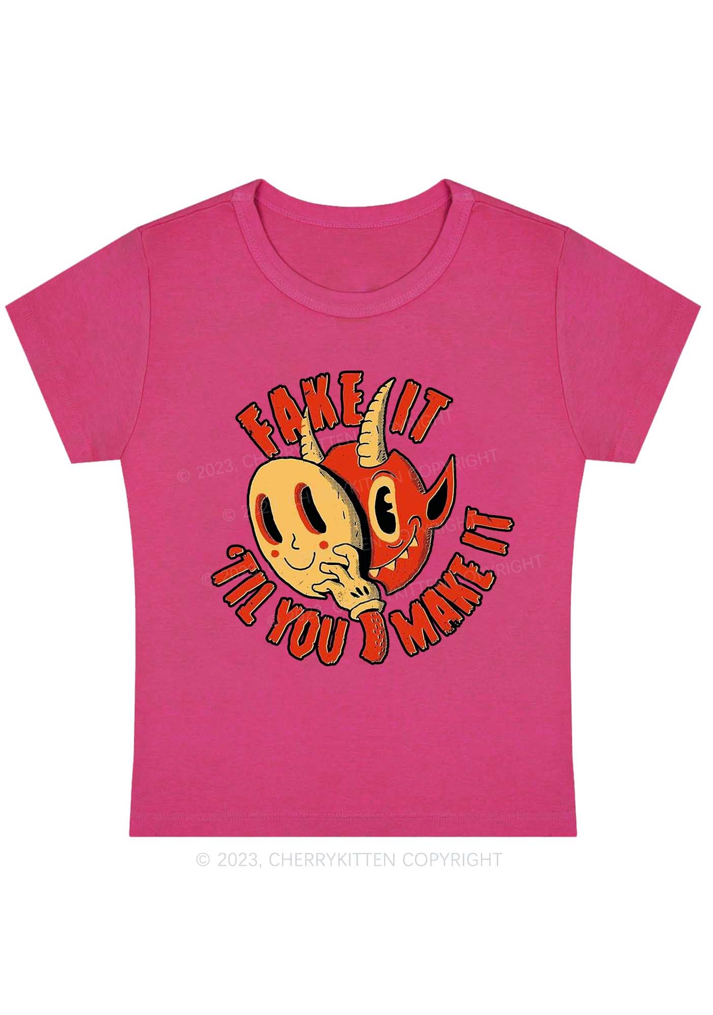 Fake It Til You Make It Halloween Y2K Baby Tee Cherrykitten