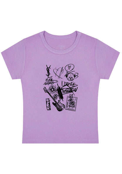 Curvy Heart Bear Guitar Stamp Baby Tee