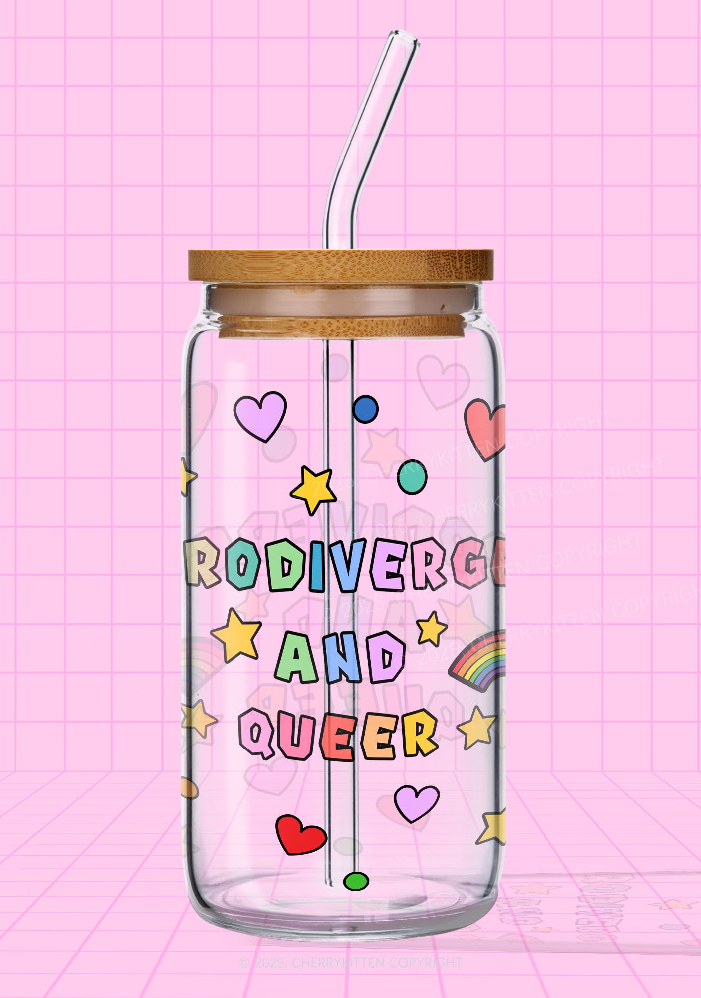 Neurodivergent And Queer Y2K Printed Glass Cup Cherrykitten