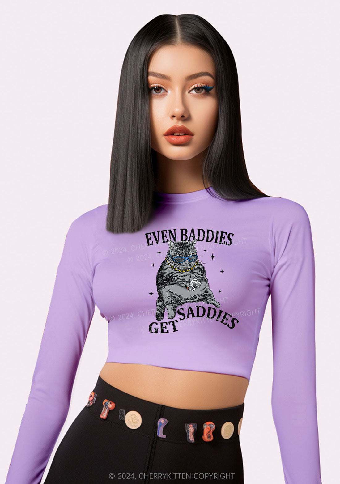 Even Baddies Get Saddies Y2K Long Sleeve Crop Top Cherrykitten