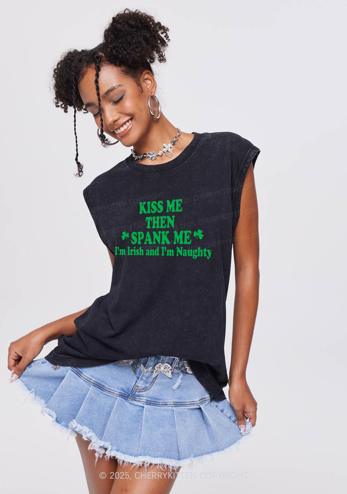 Kiss Me Then Spank Me St Patricks Y2K Washed Tank Cherrykitten