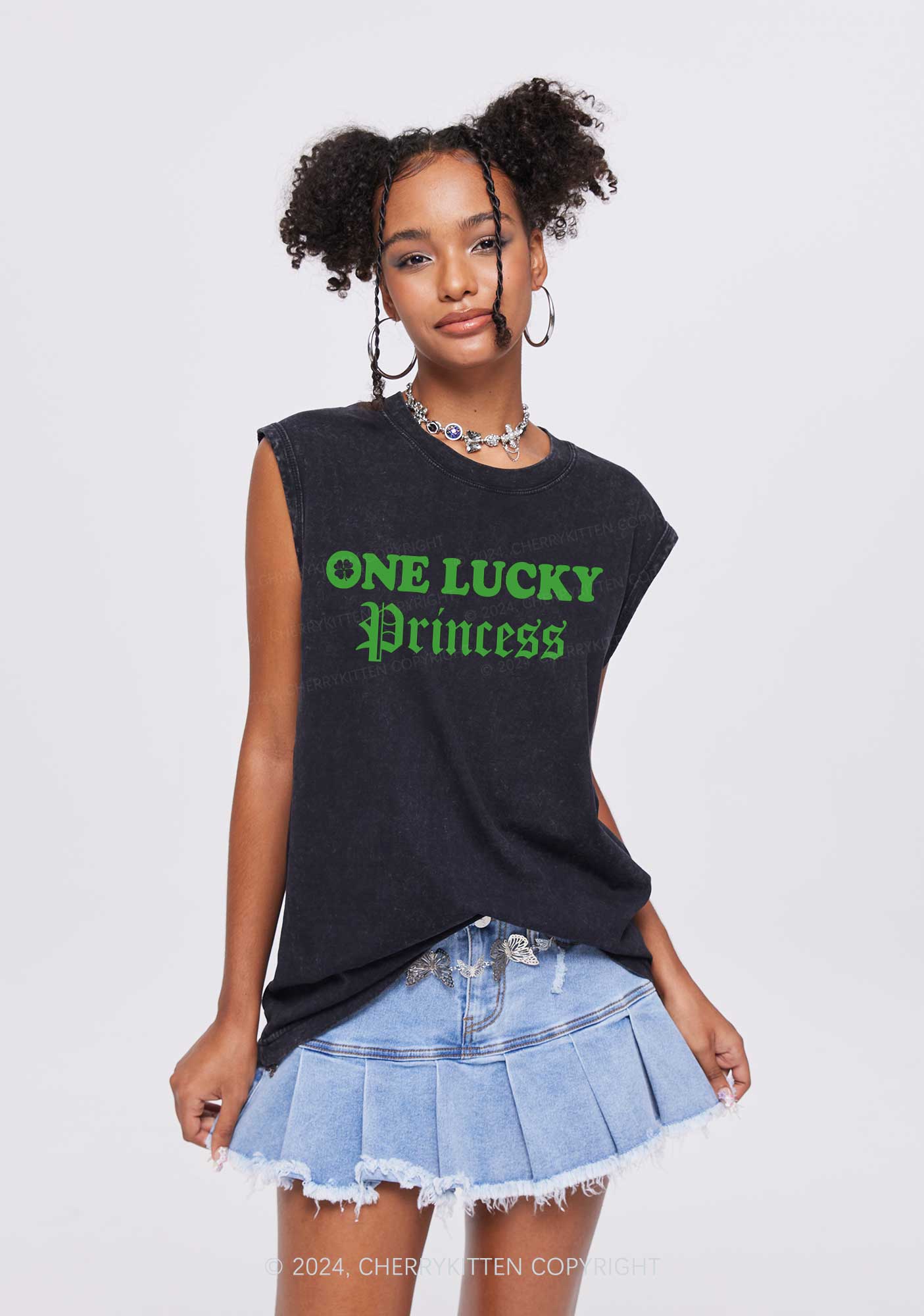 One Lucky Princess St Patricks Y2K Washed Tank Cherrykitten