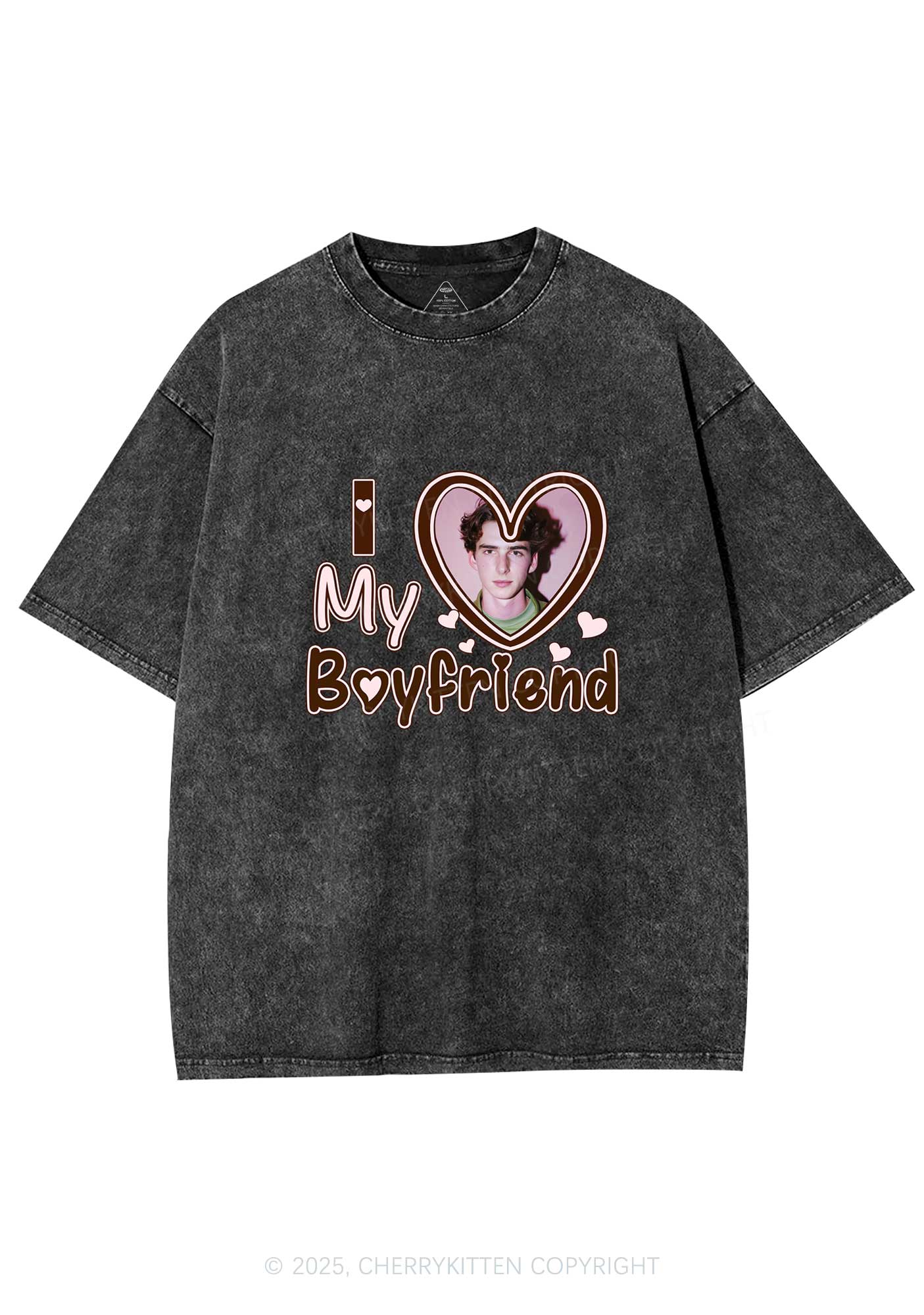 Custom Photo Brown Heart Y2K Valentine's Day Washed Tee Cherrykitten