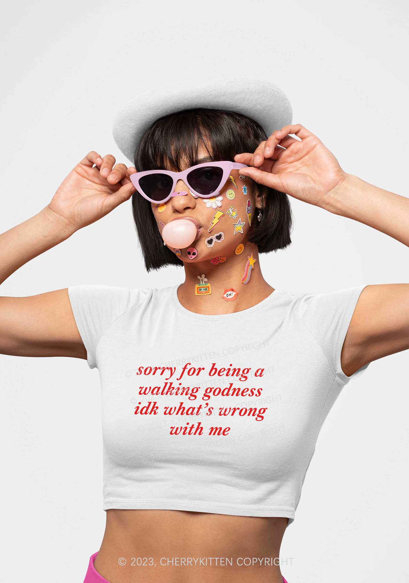 Sorry For Being A Walking Godness Y2K Baby Tee Cherrykitten