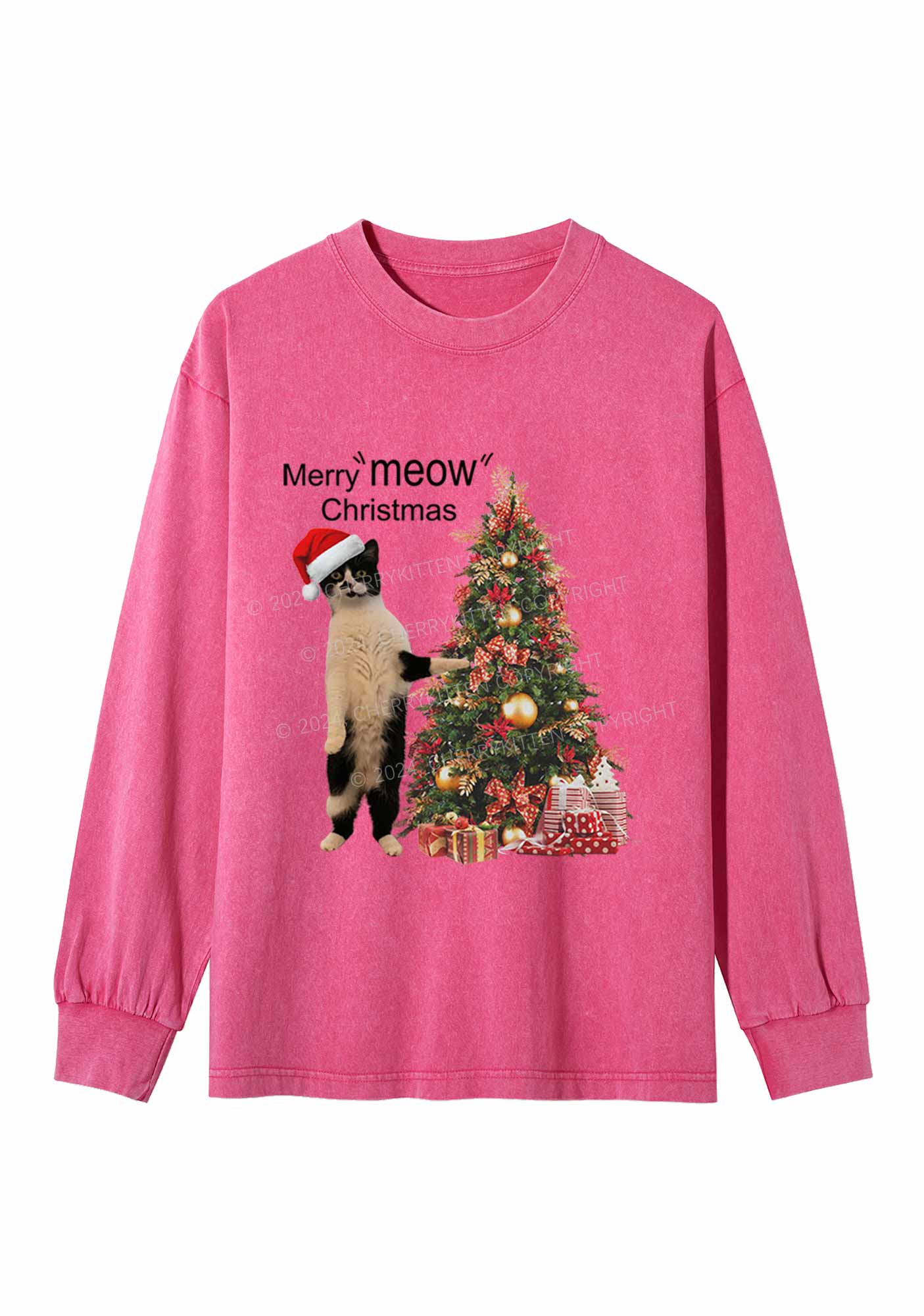 Merry Meow Christmas Y2K Washed Long Sleeves Cherrykitten