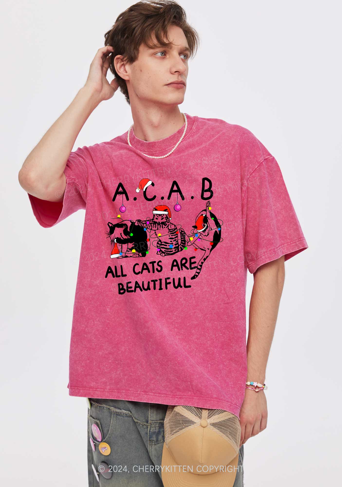 Christmas ACAB Cats Y2K Washed Tee Cherrykitten