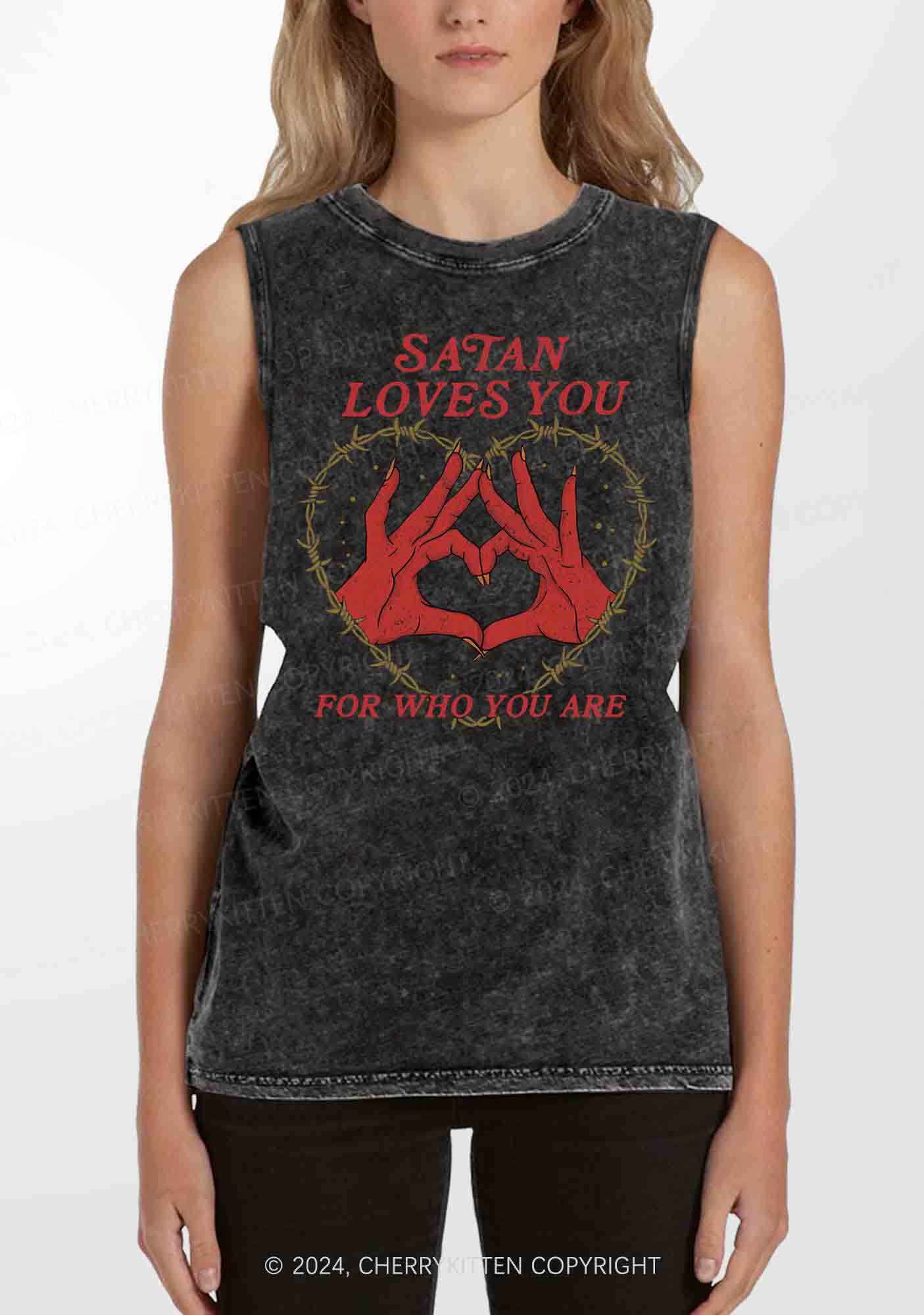 Satan Loves You Heart Halloween Y2K Washed Tank Cherrykitten