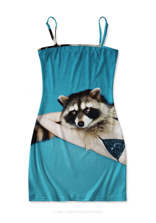 Bikini Raccoon Y2K Print Slip Dress Cherrykitten