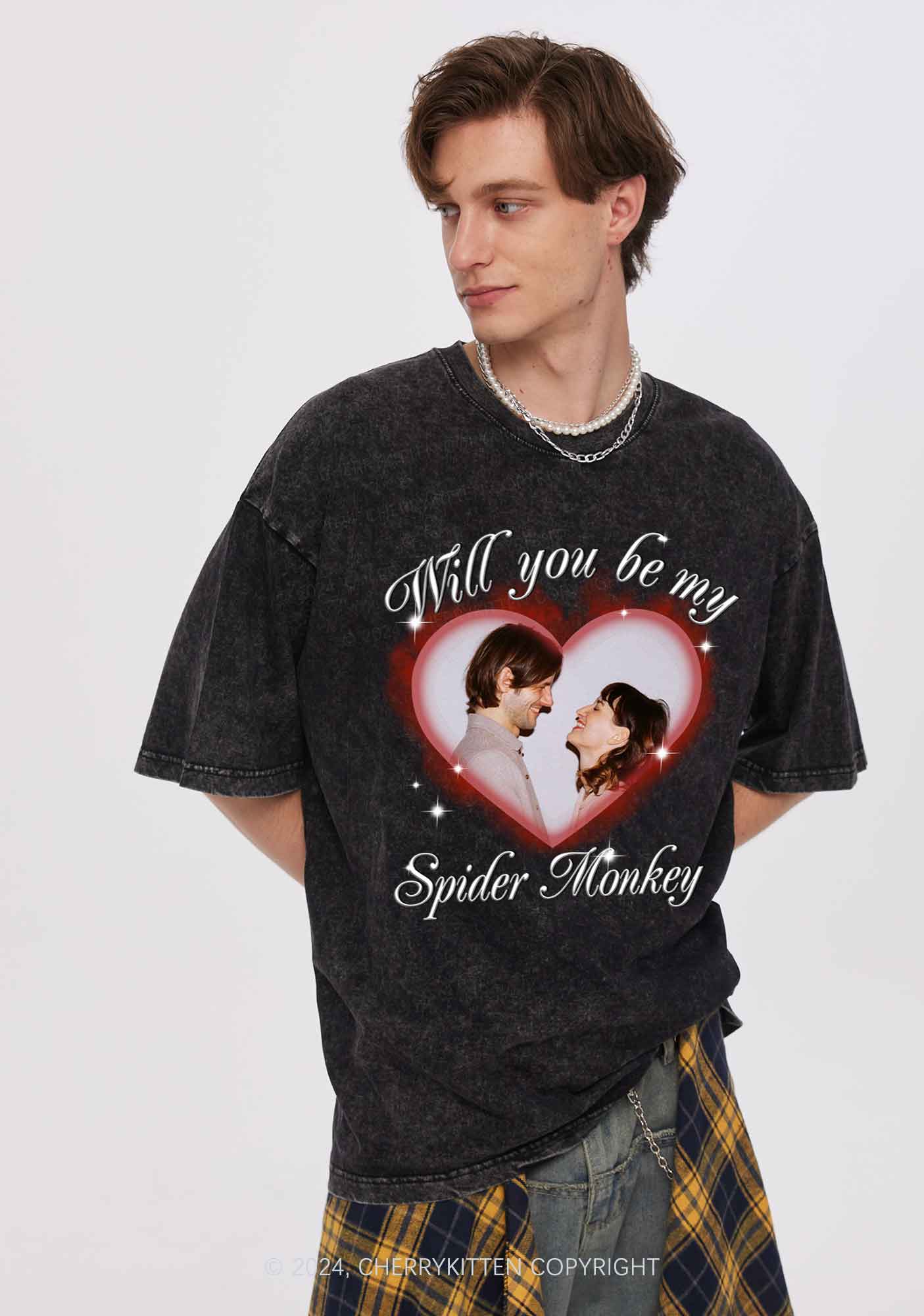 Spider Monkey Custom Photo Y2K Valentine's Day Washed Tee Cherrykitten