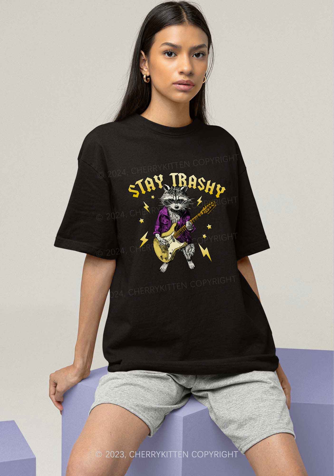 Stay Trashy Guitar Raccoon Y2K Chunky Shirt Cherrykitten