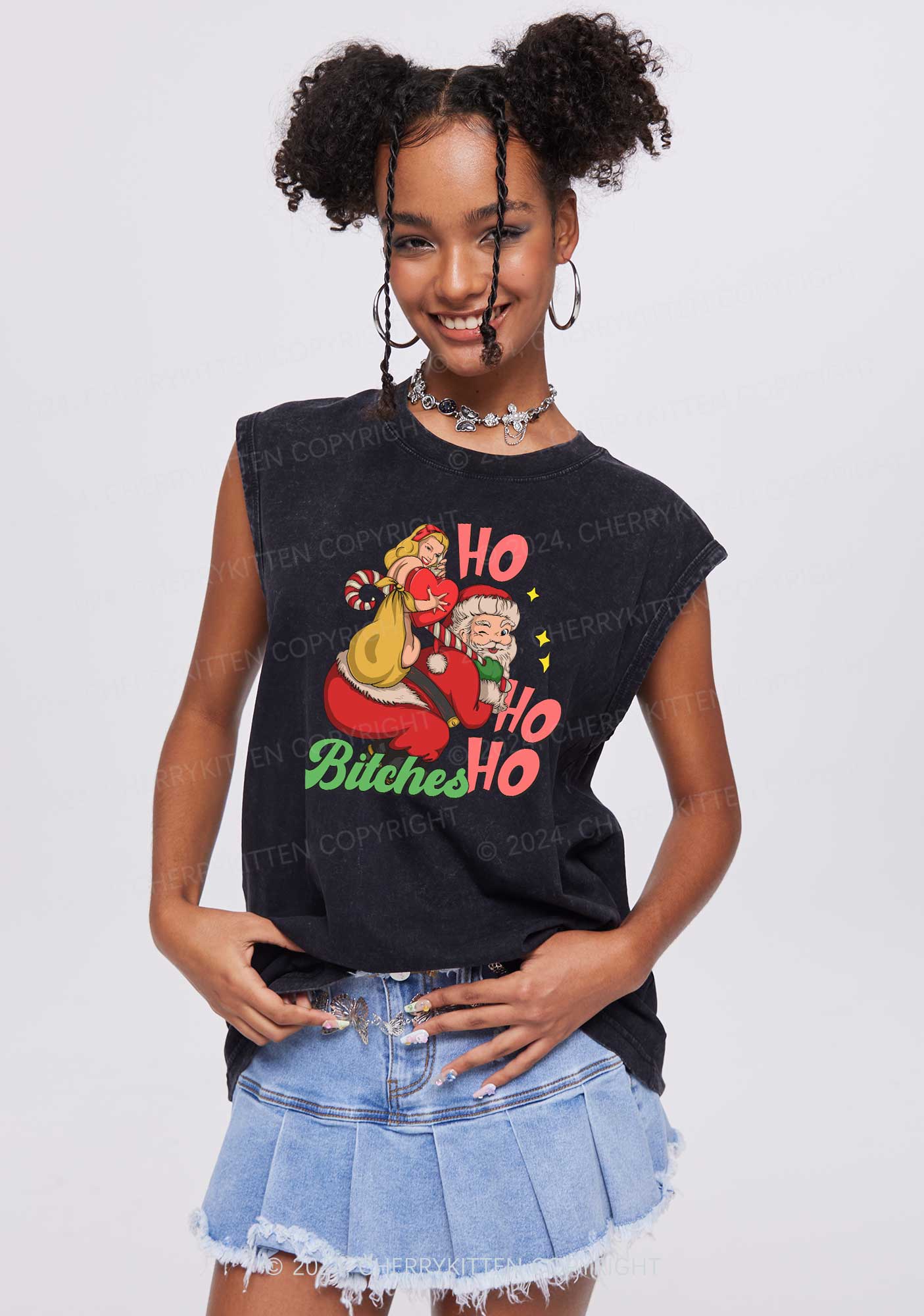 Christmas Ho Ho Ho Bxxches Y2K Washed Tank Cherrykitten